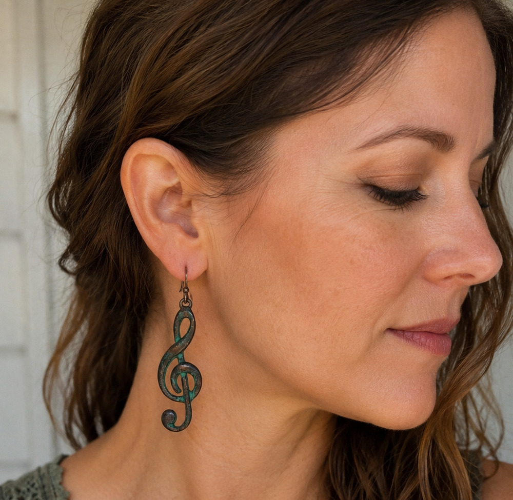 Musical Note Treble Clef Dangle Earrings Verdigris Patina Copper Bohemian Style